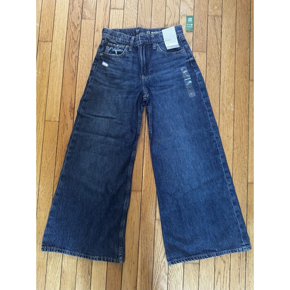 GAP Kids Girls Size 12 Mid Rise Baggy Wide Leg Dark Wash Denim Jeans NWT